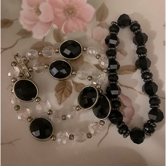 3 Beaded Stretchy Bracelets. Black and Black and Faux Clear Crystal Bracelets. - Picture 1 of 3